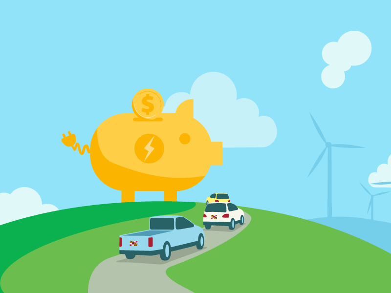 Incentives graphic with a car and piggy bank set against a sky background with wind turbines