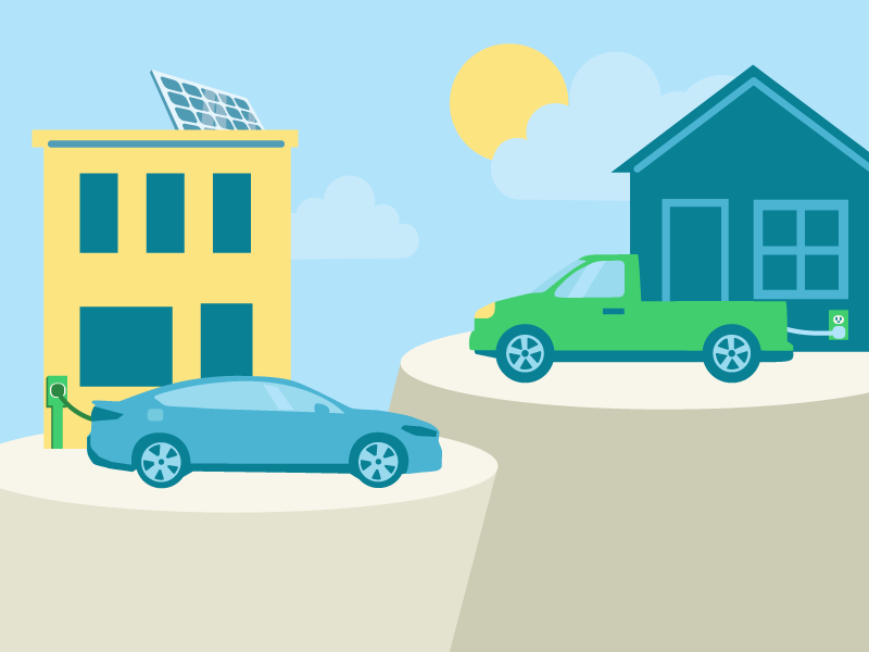 An illustration of two electric cars charging outside houses