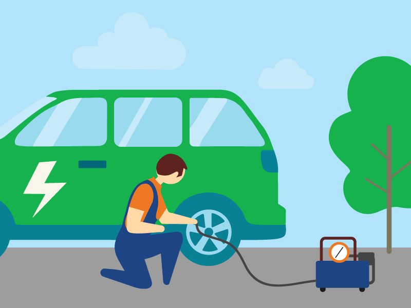 Illustration of a mechanic servicing the wheel of an electric vehicle, marked with a lightning bolt icon, using an air compressor