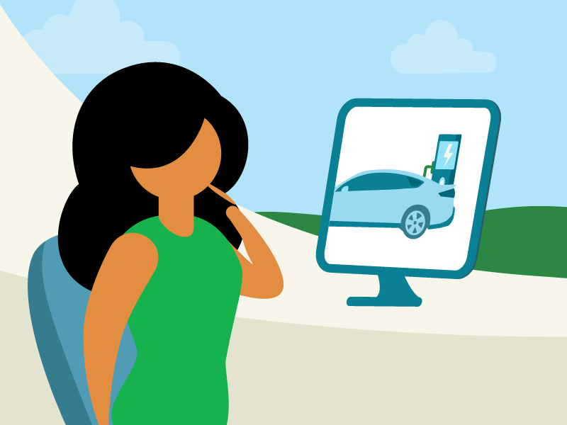 Illustration of a woman looking at a computer screen displaying an electric vehicle charging at a station