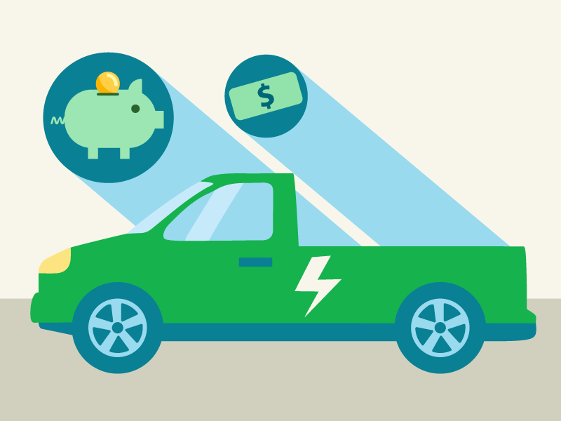 Illustration of an electric pickup truck with a piggy bank and a dollar bill icon above it, representing cost savings