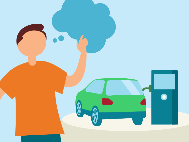 Illustration of a person with a thought bubble standing near an electric car charging at a fuel-style pump