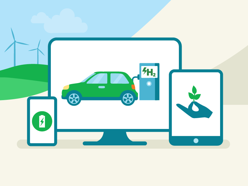 Illustration of a computer, phone, and tablet displaying a hydrogen fuel cell vehicle at a hydrogen station and a plant sprouting from a hand, with wind turbines in the background