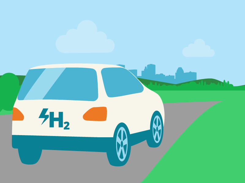 Illustration of a hydrogen fuel cell vehicle, marked with an H2 icon, driving on a road with a city skyline in the distance