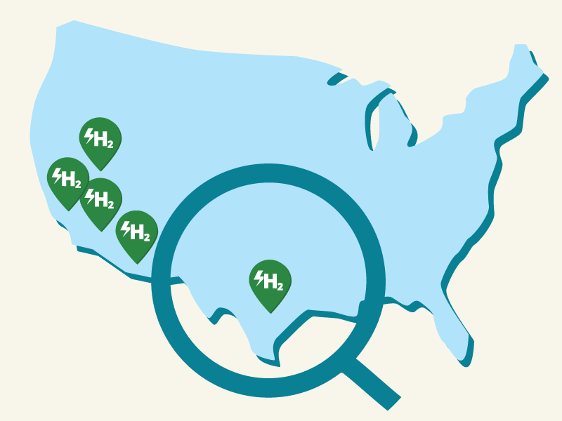 Illustration of a U.S. map with a magnifying glass highlighting hydrogen fueling station locations, most of them clustered in western states