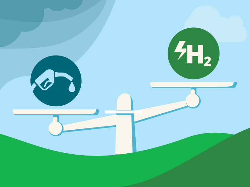 Illustration of a balance scale weighing a gasoline pump icon against a hydrogen fuel icon, with storm clouds above one side and green hills below the other