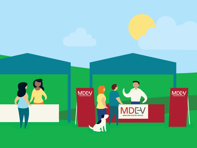 Photo illustration of people and a dog at an outdoor Maryland Electric Vehicles (MDEV) program event with branded tents